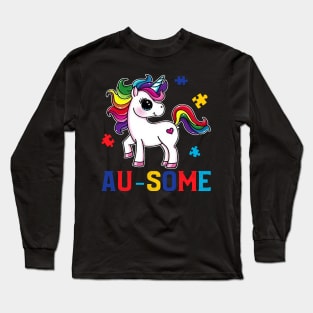 Au-some Funny Unicorn Autism awareness Puzzle Piece shirt tee Long Sleeve T-Shirt